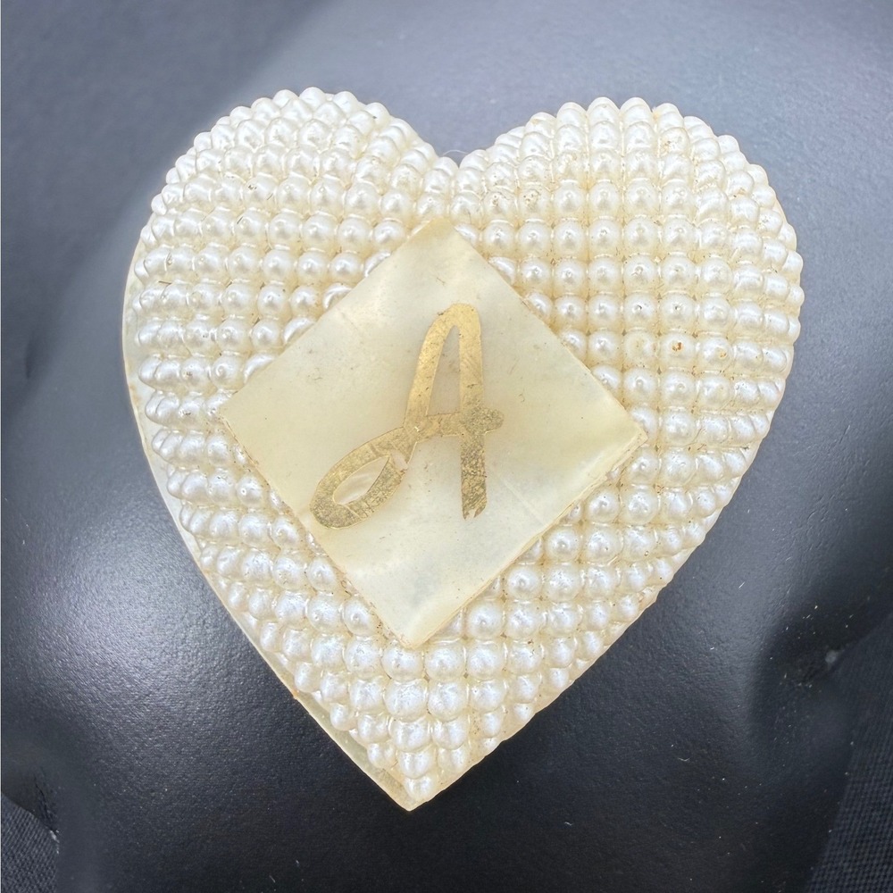 Vintage Heart Brooch Faux Pearl Monogram Initial A Gold Tone Cream Pin Glam